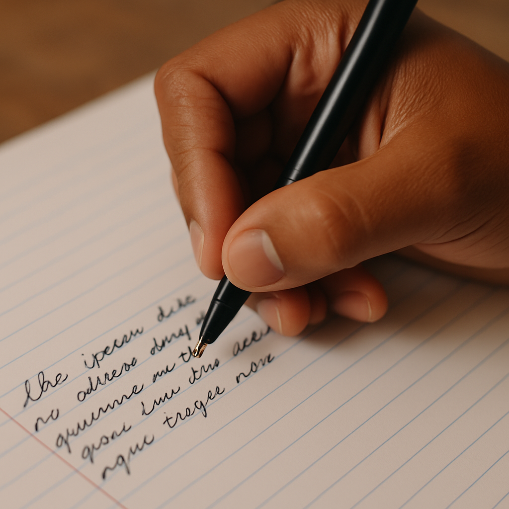 Mão escrevendo carta em caderno pautado